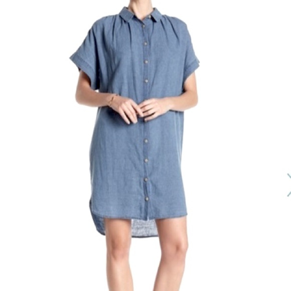 Madewell Blue Linen Central Short Sleeve Button Front Shirt Dress Size XS K8027